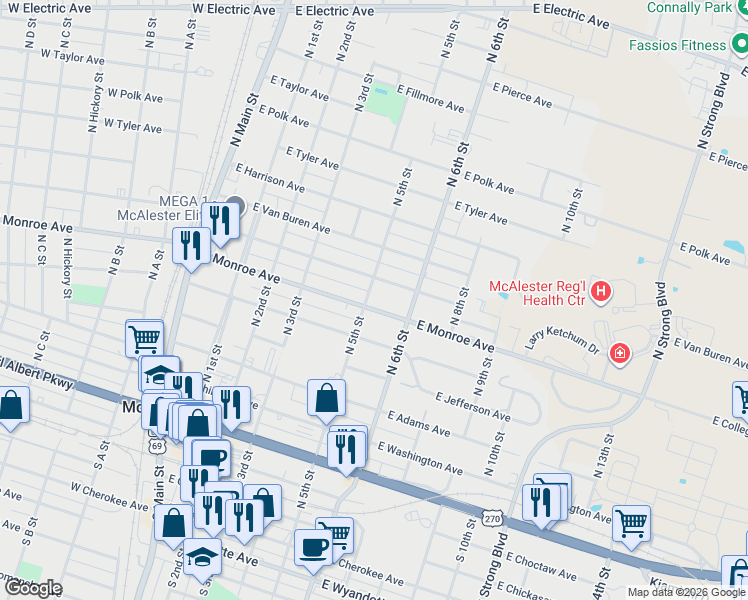 map of restaurants, bars, coffee shops, grocery stores, and more near 510 East Monroe Avenue in McAlester