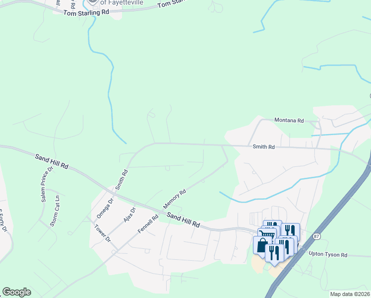 map of restaurants, bars, coffee shops, grocery stores, and more near 2078 Smith Road in Hope Mills