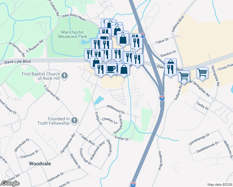map of restaurants, bars, coffee shops, grocery stores, and more near 753 Atherton Way in Rock Hill