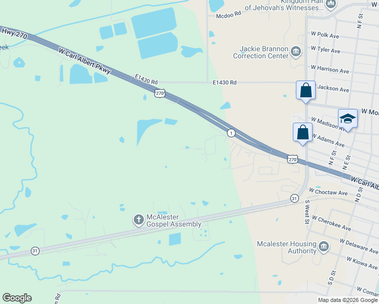 map of restaurants, bars, coffee shops, grocery stores, and more near 2400 West Side Road in McAlester