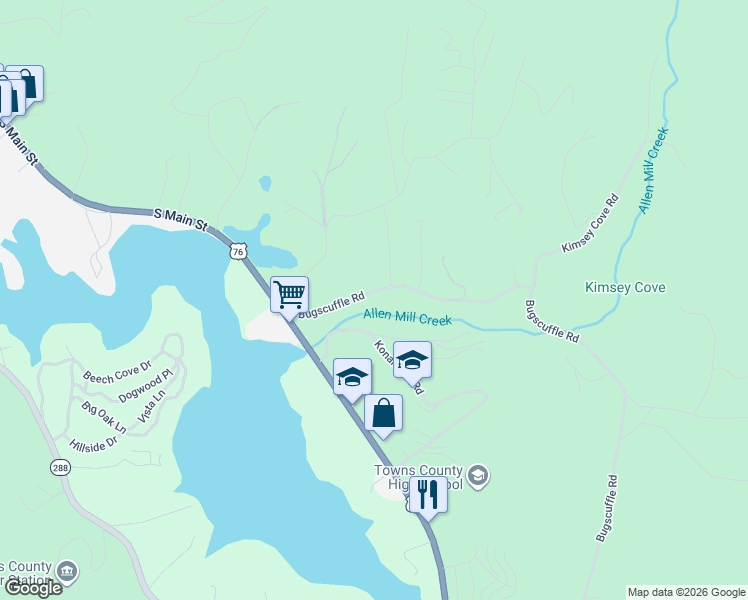 map of restaurants, bars, coffee shops, grocery stores, and more near 764 Bugscuffle Road in Hiawassee
