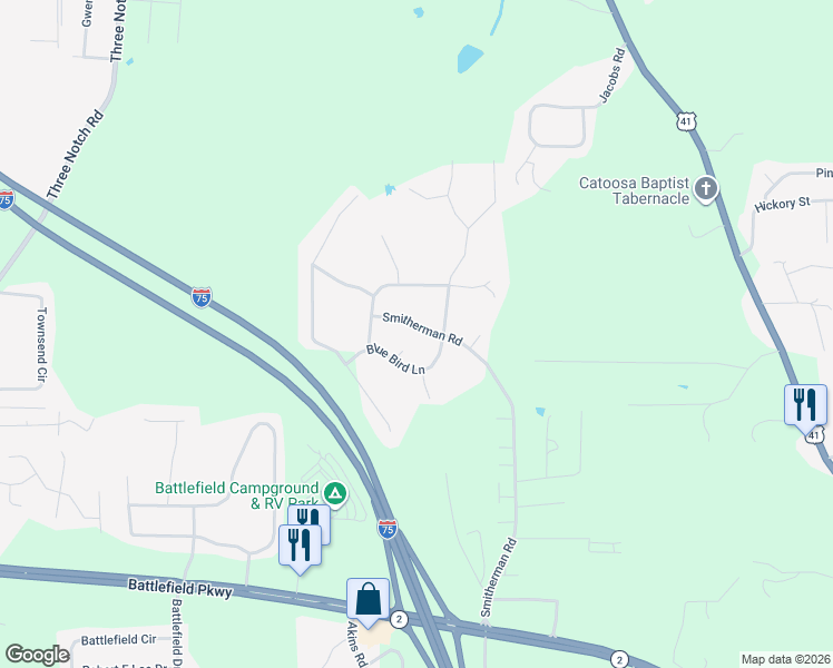 map of restaurants, bars, coffee shops, grocery stores, and more near 808 Smitherman Road in Ringgold