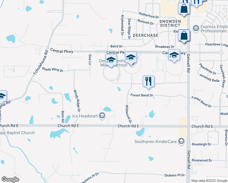 map of restaurants, bars, coffee shops, grocery stores, and more near 5255 Wildwood Drive in Southaven