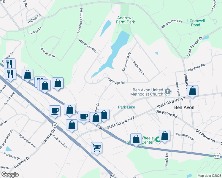 map of restaurants, bars, coffee shops, grocery stores, and more near 1145 Partridge Road in Spartanburg