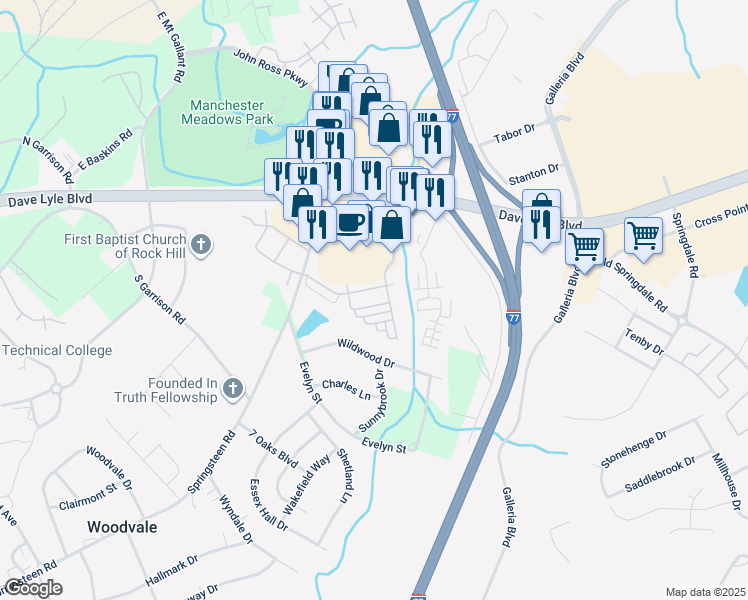 map of restaurants, bars, coffee shops, grocery stores, and more near 749 Atherton Way in Rock Hill