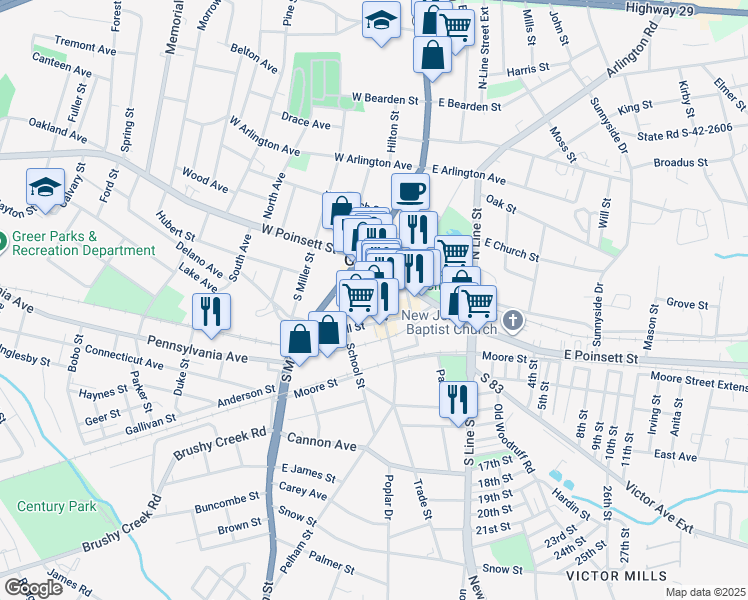 map of restaurants, bars, coffee shops, grocery stores, and more near in Greer