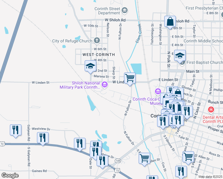 map of restaurants, bars, coffee shops, grocery stores, and more near 405 West Waldron Street in Corinth