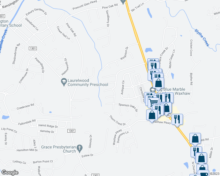 map of restaurants, bars, coffee shops, grocery stores, and more near 8100 Red Oaks Trail in Waxhaw