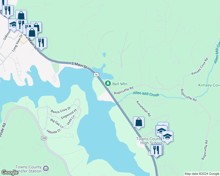 map of restaurants, bars, coffee shops, grocery stores, and more near 1057 Shake Rag Road in Hiawassee