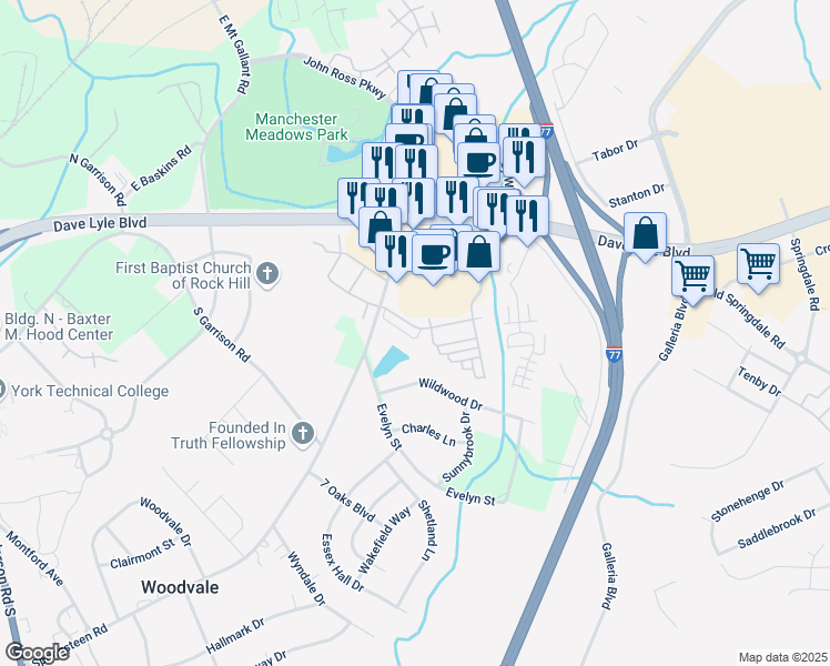 map of restaurants, bars, coffee shops, grocery stores, and more near 642 Atherton Way in Rock Hill