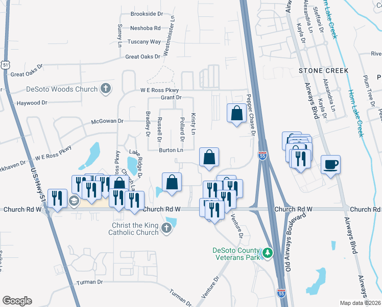 map of restaurants, bars, coffee shops, grocery stores, and more near 639 Burton Lane in Southaven