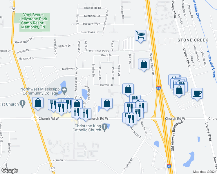 map of restaurants, bars, coffee shops, grocery stores, and more near 717 Burton Lane in Southaven