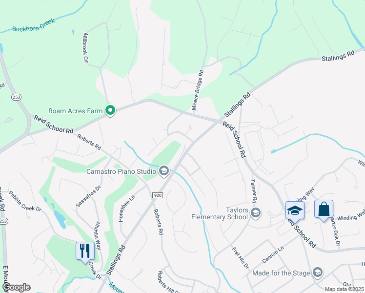 map of restaurants, bars, coffee shops, grocery stores, and more near 100 Stallings Road in Taylors