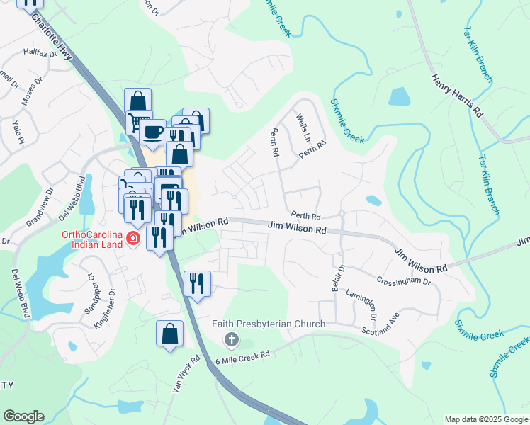 map of restaurants, bars, coffee shops, grocery stores, and more near 6025 Turkey Oak Lane in Indian Land