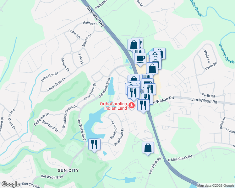 map of restaurants, bars, coffee shops, grocery stores, and more near 1043 Sweetleaf Drive in Fort Mill
