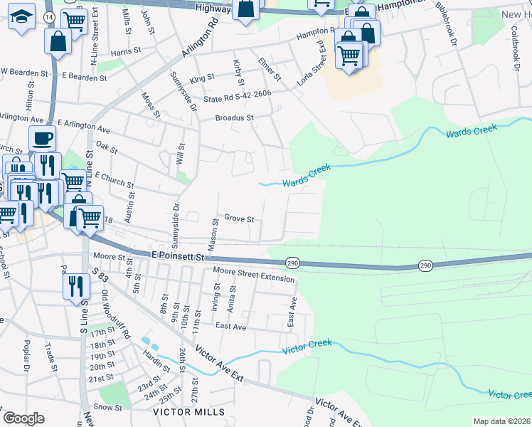 map of restaurants, bars, coffee shops, grocery stores, and more near 301 Wilson Street in Greer