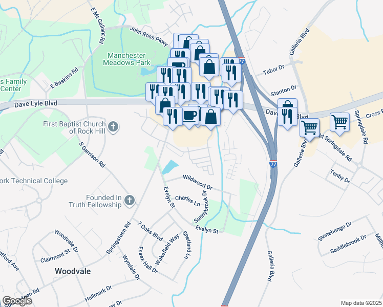 map of restaurants, bars, coffee shops, grocery stores, and more near 708 Atherton Way in Rock Hill