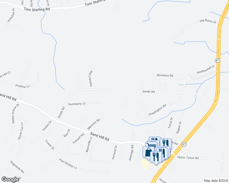 map of restaurants, bars, coffee shops, grocery stores, and more near 2140 Smith Road in Hope Mills