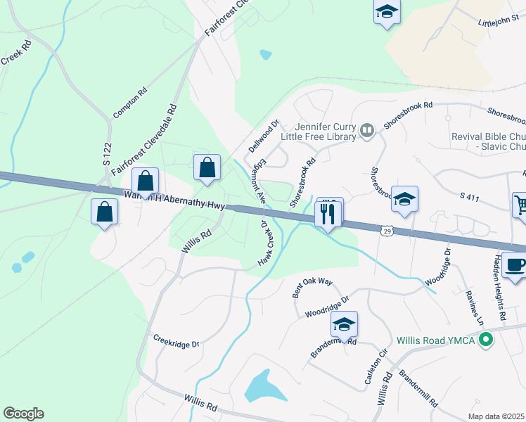 map of restaurants, bars, coffee shops, grocery stores, and more near 9006 Warren H Abernathy Highway in Spartanburg