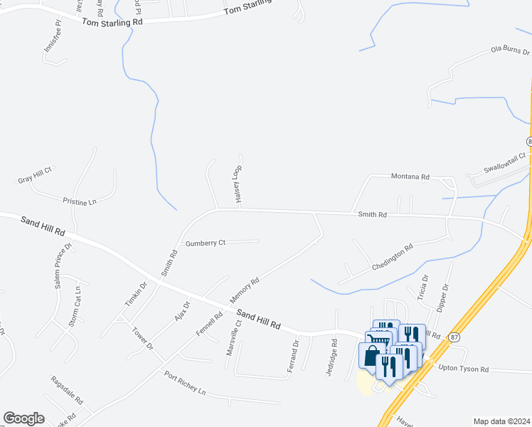 map of restaurants, bars, coffee shops, grocery stores, and more near 2078 Smith Road in Hope Mills