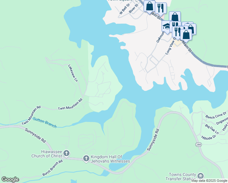 map of restaurants, bars, coffee shops, grocery stores, and more near 170 Windjammer Drive in Hiawassee