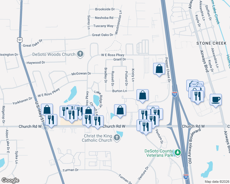 map of restaurants, bars, coffee shops, grocery stores, and more near 5307 Kalian Cove in Southaven