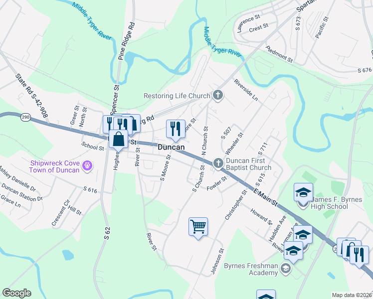 map of restaurants, bars, coffee shops, grocery stores, and more near 316 William Freeman Way in Duncan