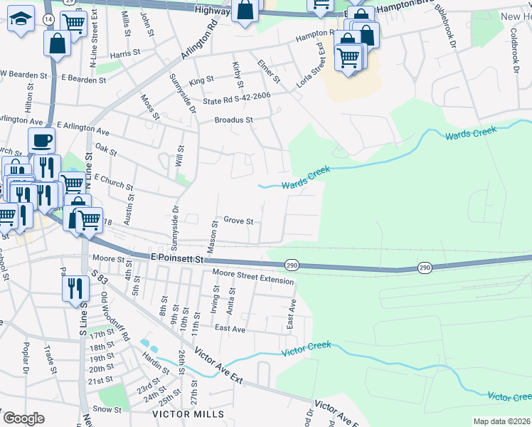 map of restaurants, bars, coffee shops, grocery stores, and more near 301 Wilson Street in Greer