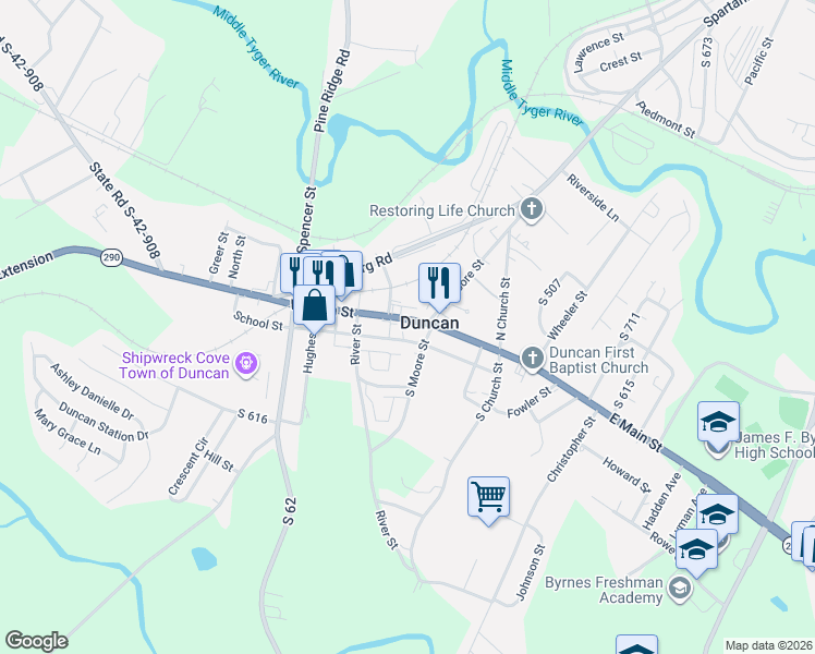 map of restaurants, bars, coffee shops, grocery stores, and more near in Duncan