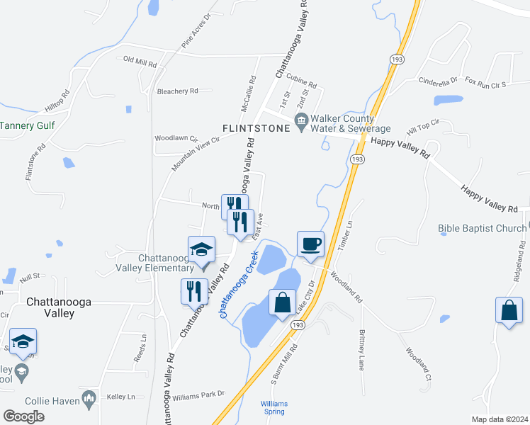 map of restaurants, bars, coffee shops, grocery stores, and more near 175 East Avenue in Chattanooga Valley