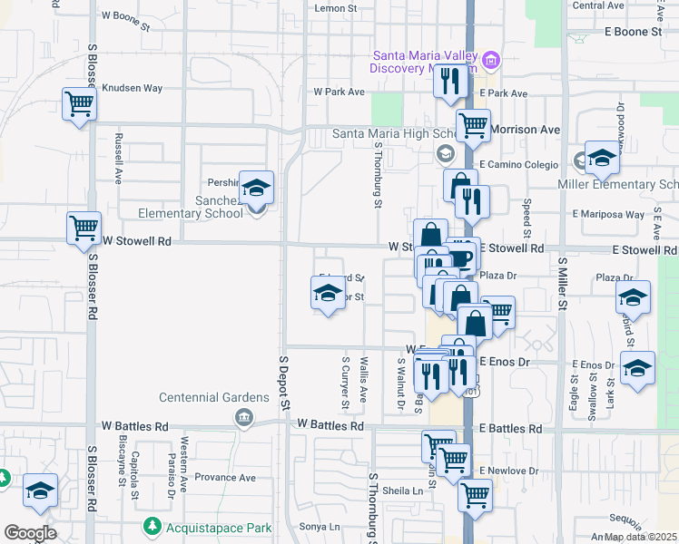 map of restaurants, bars, coffee shops, grocery stores, and more near 503 Edward Street in Santa Maria