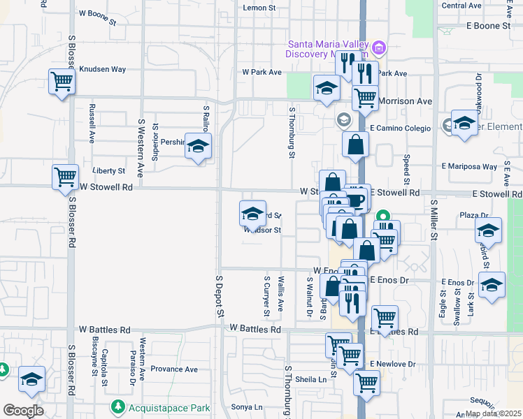 map of restaurants, bars, coffee shops, grocery stores, and more near 503 Edward Street in Santa Maria