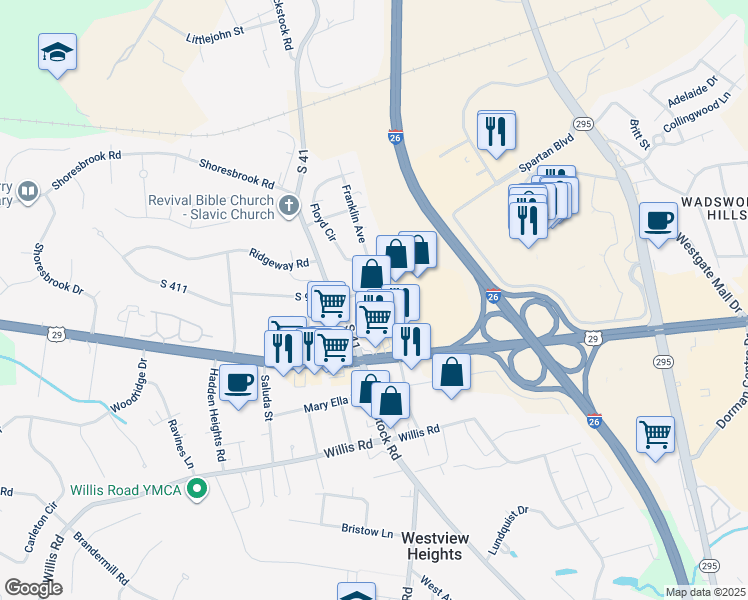 map of restaurants, bars, coffee shops, grocery stores, and more near 104 Franklin Avenue in Spartanburg