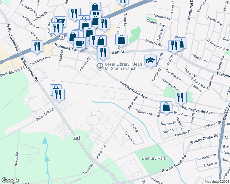 map of restaurants, bars, coffee shops, grocery stores, and more near 451 Pennsylvania Avenue in Greer