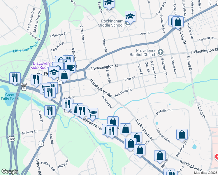map of restaurants, bars, coffee shops, grocery stores, and more near 614 Leak Street in Rockingham