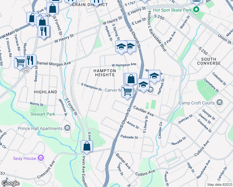 map of restaurants, bars, coffee shops, grocery stores, and more near 189 South Hampton Drive in Spartanburg