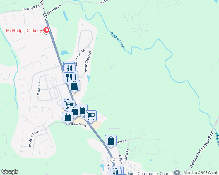 map of restaurants, bars, coffee shops, grocery stores, and more near 2819 Blythe Road in Waxhaw