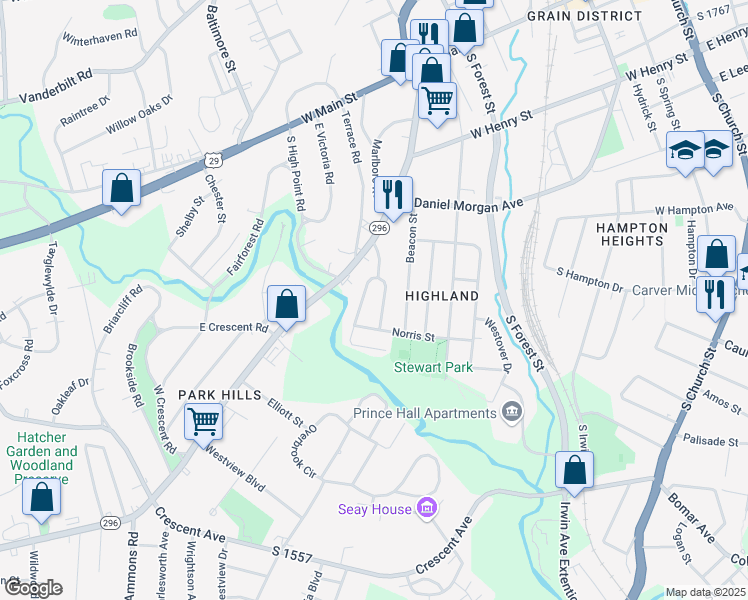 map of restaurants, bars, coffee shops, grocery stores, and more near 420 Beacon Street in Spartanburg