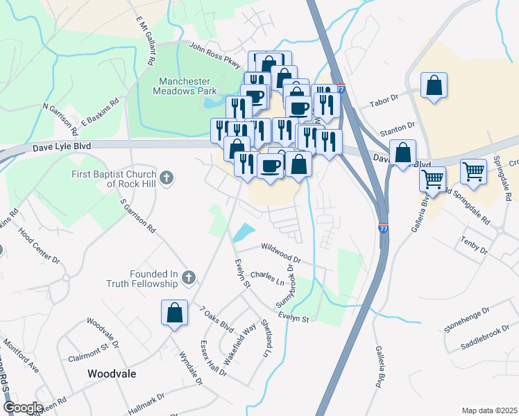 map of restaurants, bars, coffee shops, grocery stores, and more near 639 Atherton Way in Rock Hill