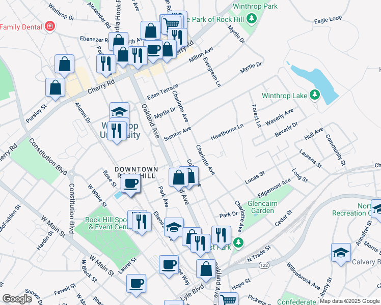 map of restaurants, bars, coffee shops, grocery stores, and more near 513 Charlotte Avenue in Rock Hill