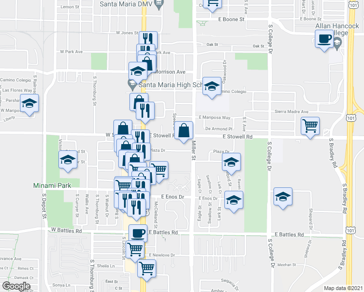 map of restaurants, bars, coffee shops, grocery stores, and more near 325 Plaza Drive in Santa Maria