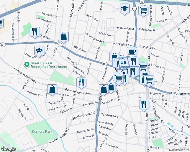 map of restaurants, bars, coffee shops, grocery stores, and more near 107 Paris Street in Greer