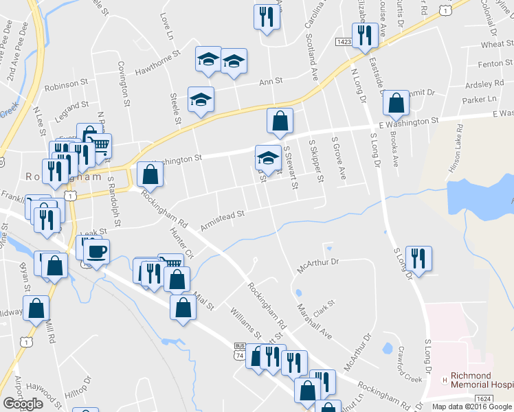 map of restaurants, bars, coffee shops, grocery stores, and more near 112 Glenwood Street in Rockingham