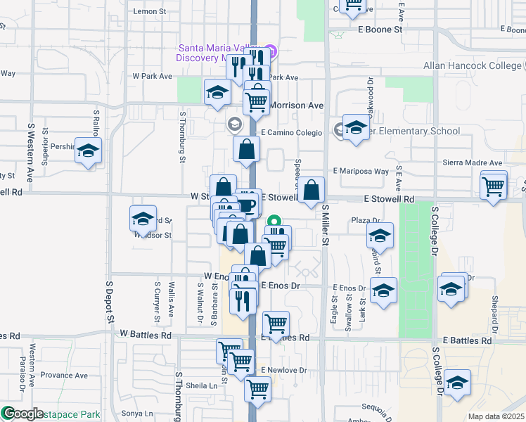 map of restaurants, bars, coffee shops, grocery stores, and more near 1316 South Broadway in Santa Maria