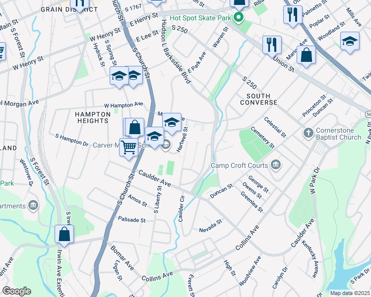 map of restaurants, bars, coffee shops, grocery stores, and more near 457 South Church Street in Spartanburg