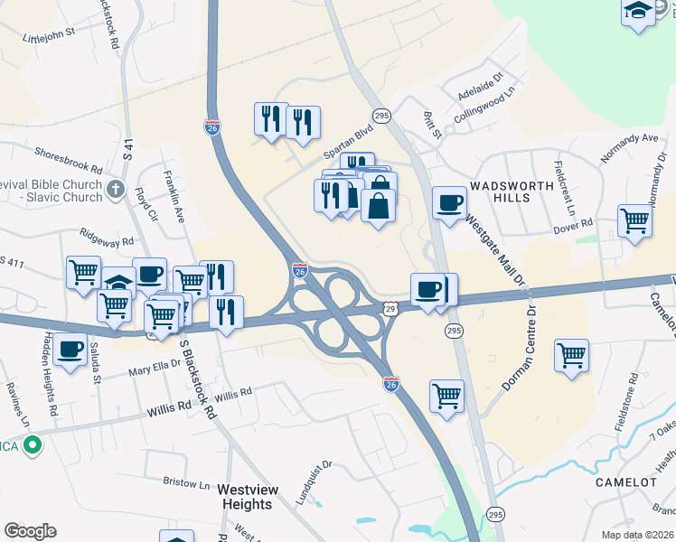 map of restaurants, bars, coffee shops, grocery stores, and more near in Spartanburg