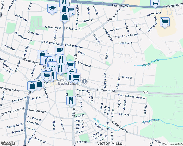 map of restaurants, bars, coffee shops, grocery stores, and more near 202 Austin Street in Greer