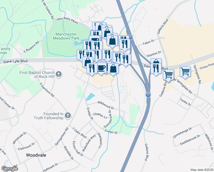map of restaurants, bars, coffee shops, grocery stores, and more near 753 Atherton Way in Rock Hill