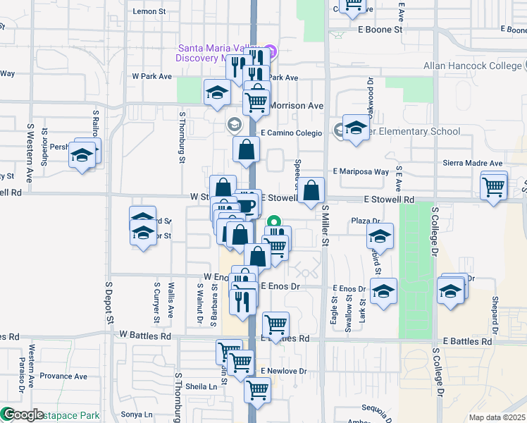 map of restaurants, bars, coffee shops, grocery stores, and more near 1316 South Broadway in Santa Maria