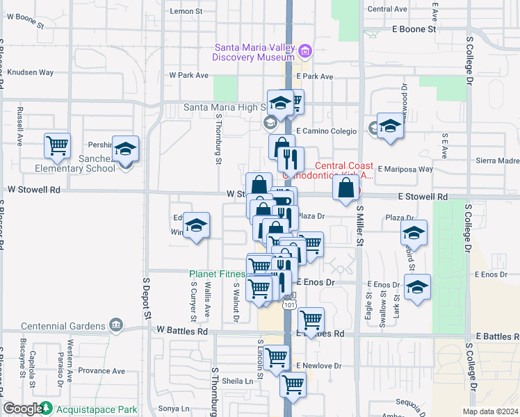 map of restaurants, bars, coffee shops, grocery stores, and more near 1321 South Broadway in Santa Maria